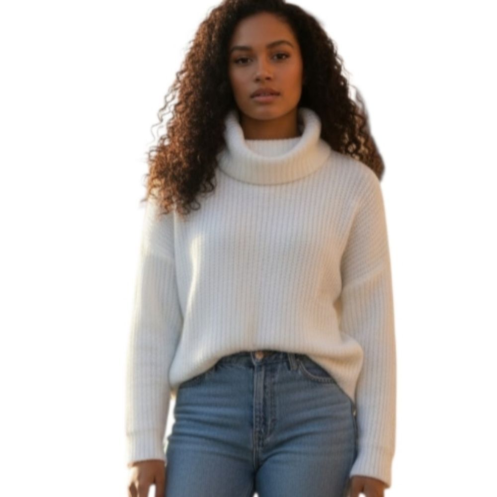 Amazon White Turtleneck Rib Knit Sweater Sz.L EUC